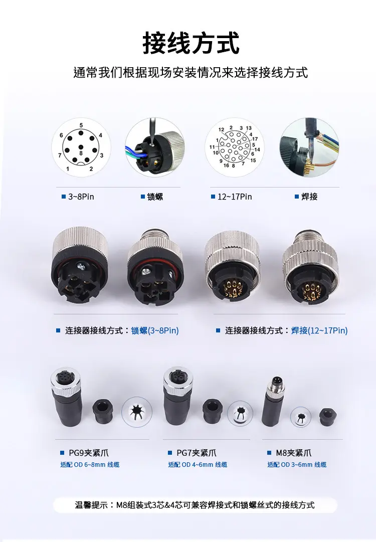 可定制M12面板连接器8芯8针焊线式针型前锁M16X1.5螺牙公头插头