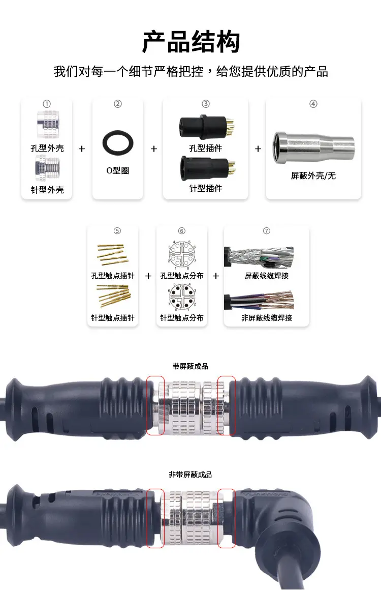 可定制M12面板连接器8芯8针焊线式针型前锁M16X1.5螺牙公头插头