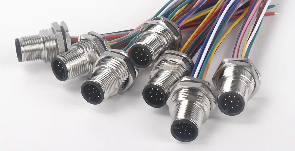 可定制M12面板连接器8芯8针焊线式针型前锁M16X1.5螺牙公头插头