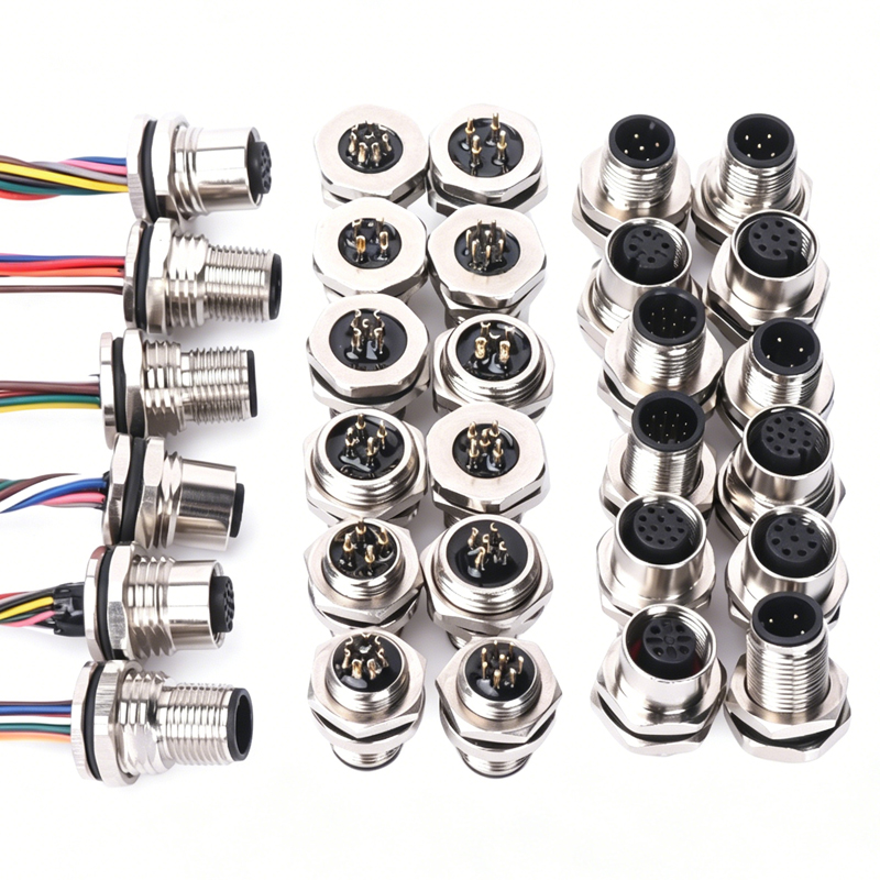 m12面板式连接器公母345681217芯pcb焊接式前后锁面板安装防水插头座